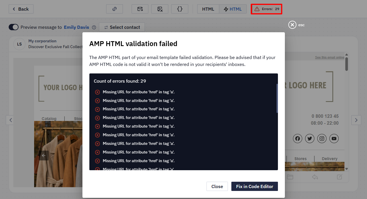 AMP HTML validation error tooltip reading Missing URL for attribute href in tag A AMP4EMAIL, above the Tasty Food email preview