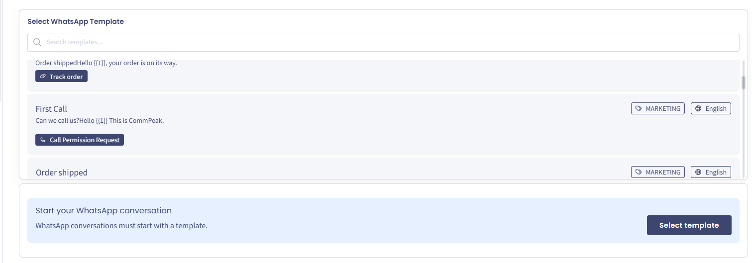 Screenshot of selecting WhatsApp templates