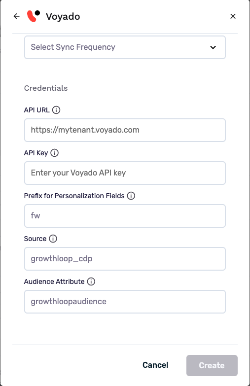 Voyado destination setup form with API URL, API key, and audience attribute fields