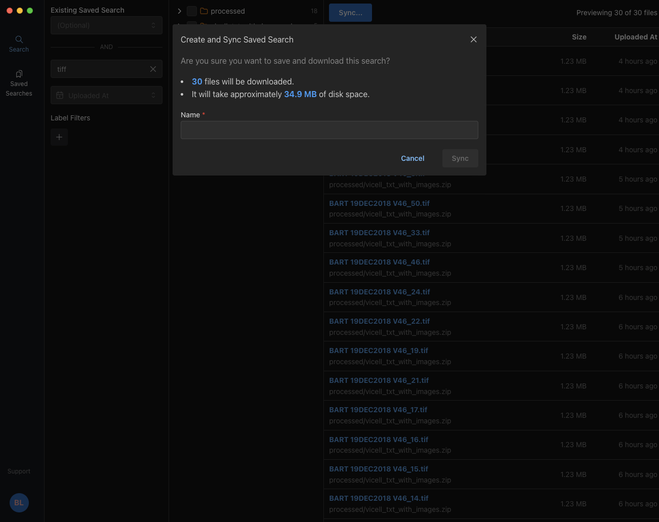 Create and Sync Saved Search dialog showing the download summary and the Name field