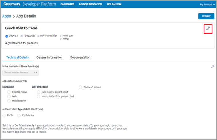 Application details during registration