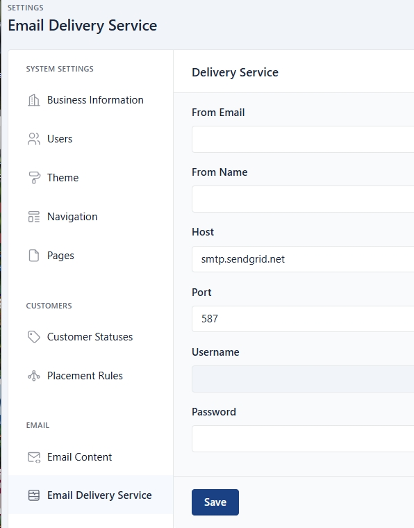 Accurately completing the fields on the Email Delivery Service Settings page enables users to easily reset their Pillars login passwords on their own.