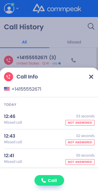Screenshot of the missed call information