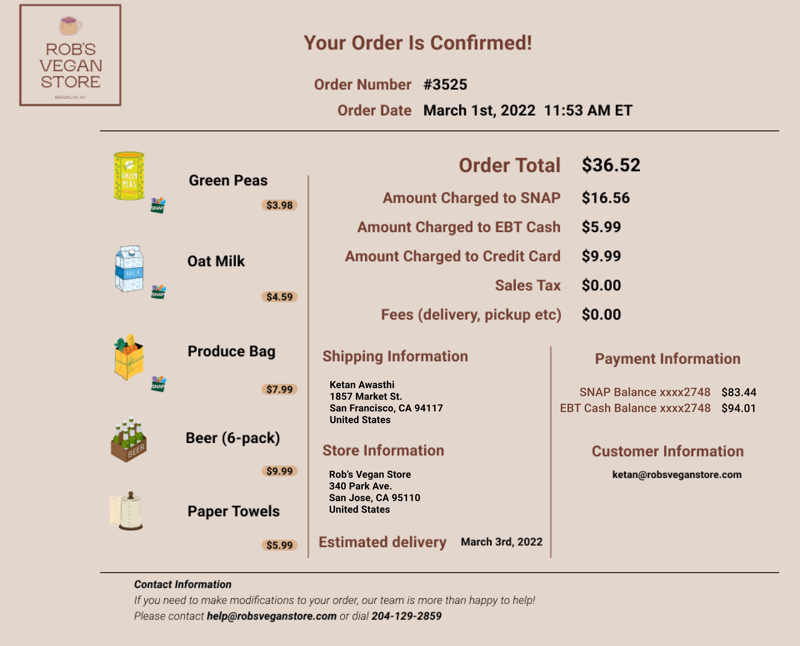Order confirmation page from Rob's Vegan Store lists items purchased and amount charged to each tender in addition to other FNS requirements