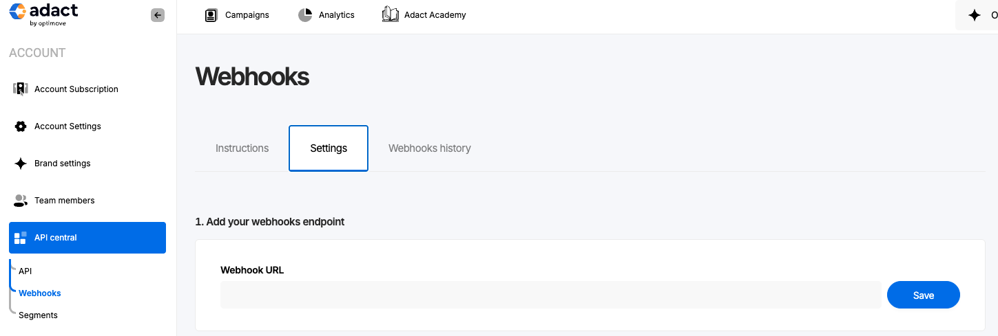 Configuring the webhook endpoint URL and selecting events.