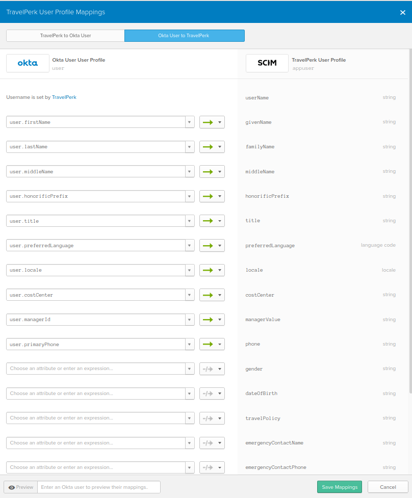 An example Okta attribute mapping screen with sample Okta-to-Perk field mappings.