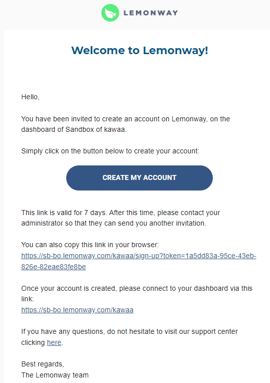 Example: Lemonway Dashboard New User Invitation