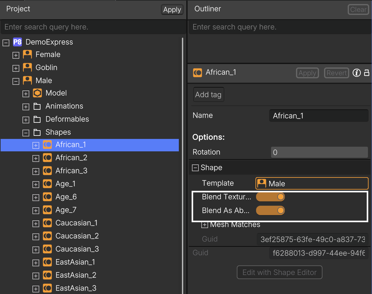 Blend Textures and Is Facial Variation toggles.