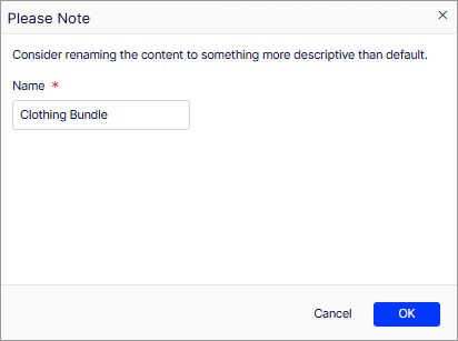 Screenshot of the Please Note naming window for a new bundle in Commerce Connect.