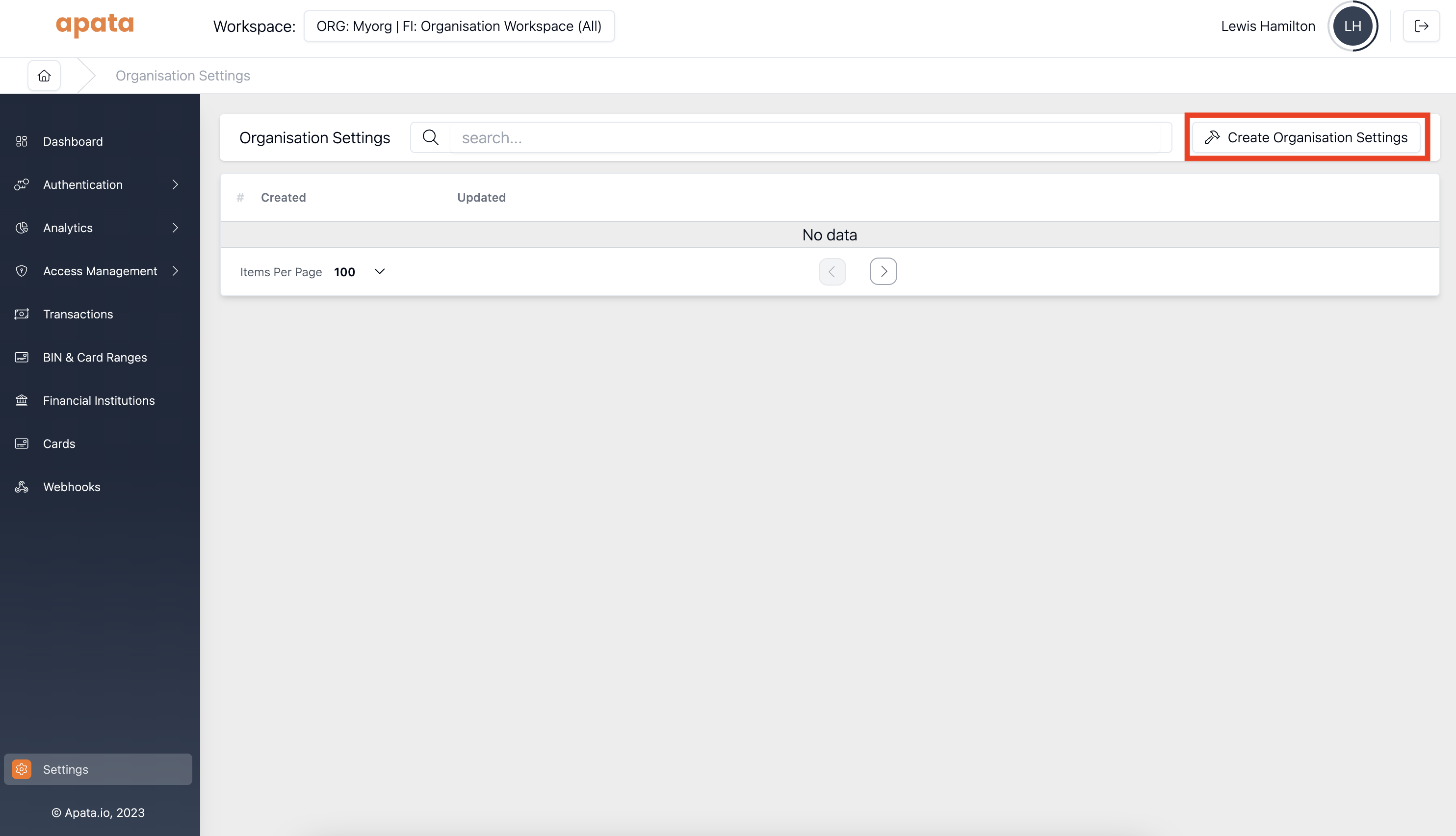 Organisation settings list page with the create button in the top right highlighted