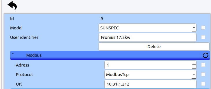 Modbus connection settings