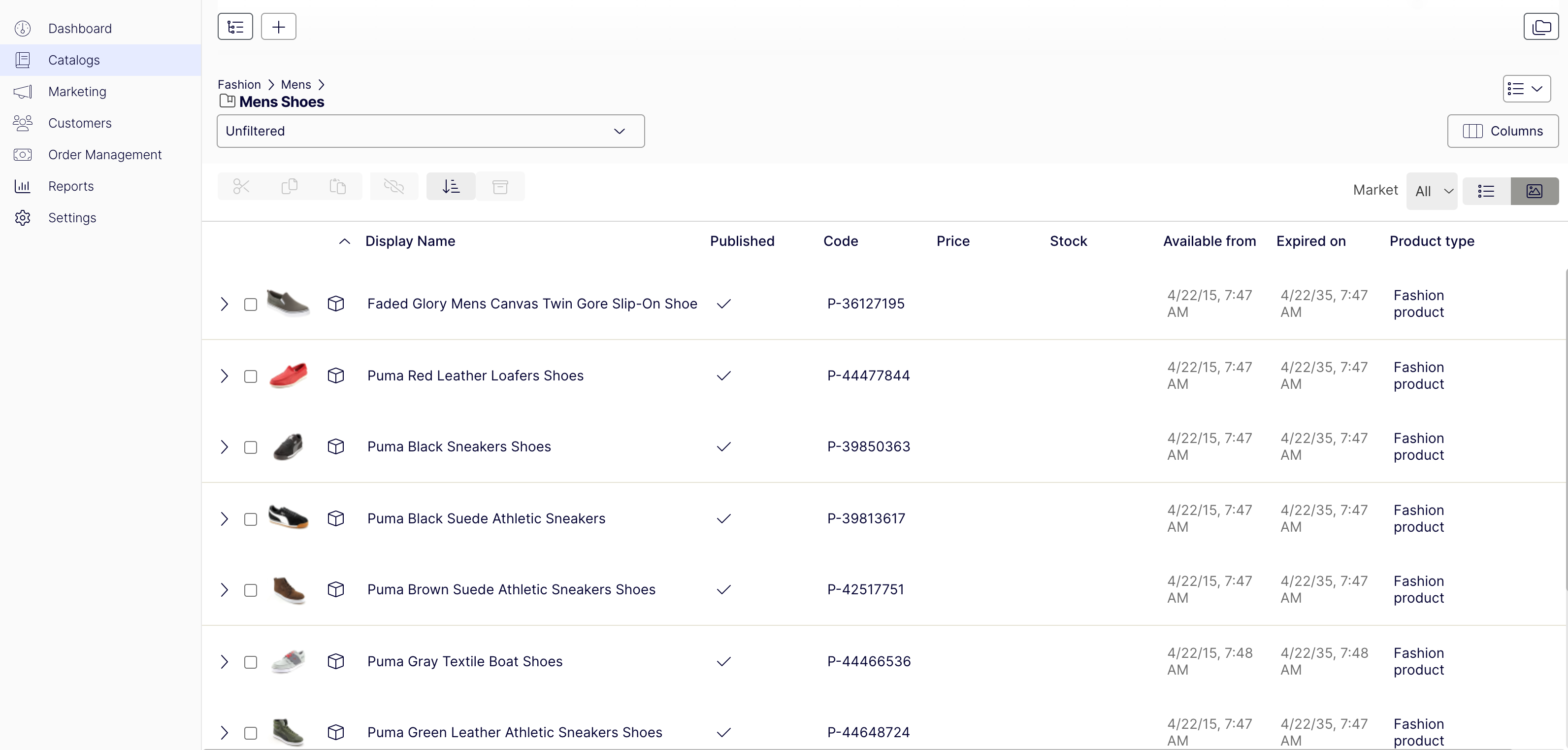 Screenshot of the Catalog item list displaying products, codes, prices, and availability for a selected catalog tree node.