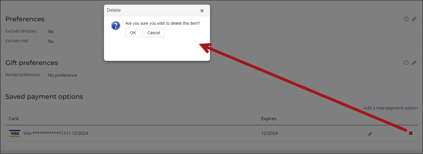 Deleting a saved payment option