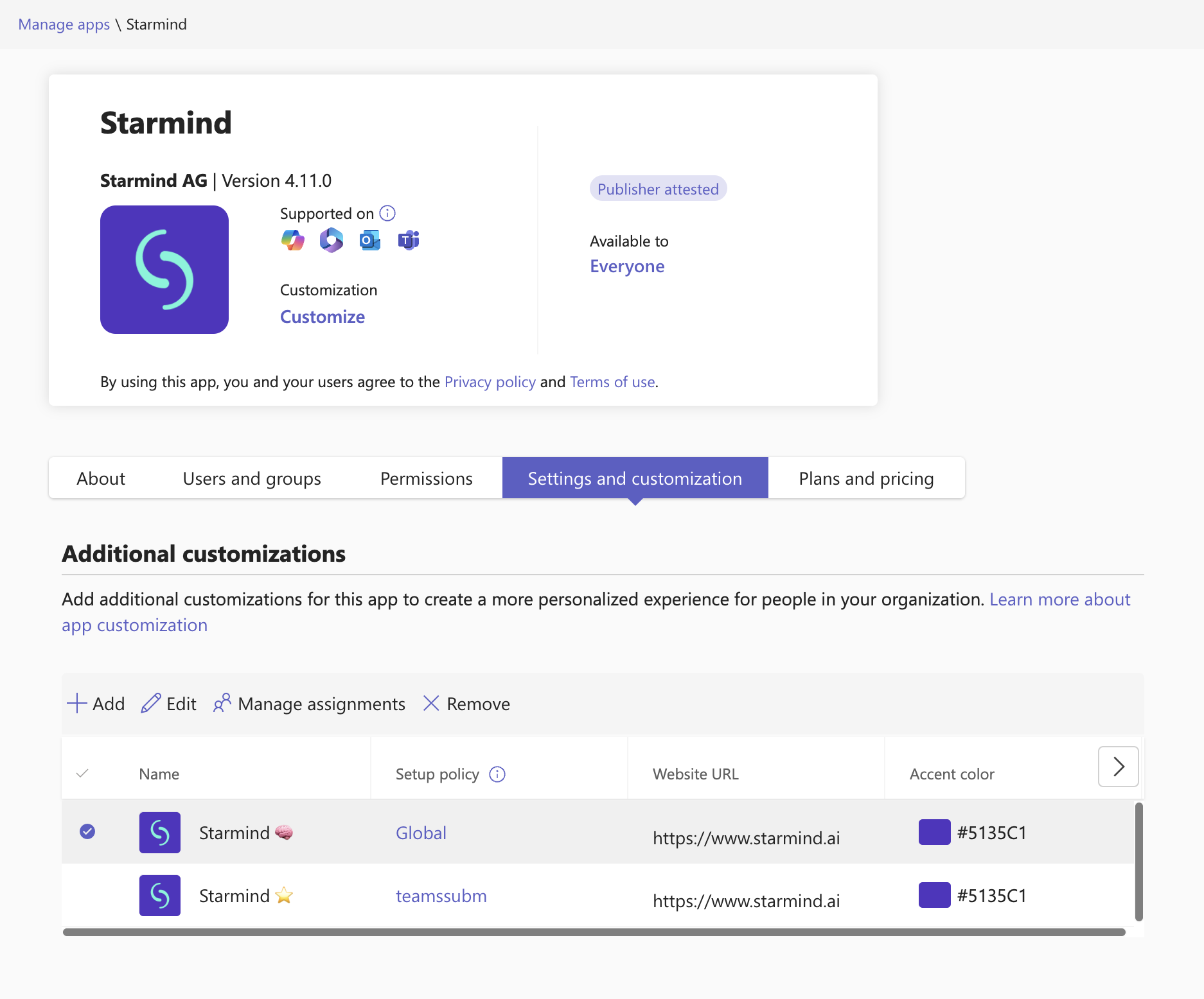 Example Starmind app customization assigned to two different setup policies