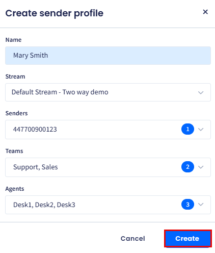 Screenshot of the Create new sender profile dialog box
