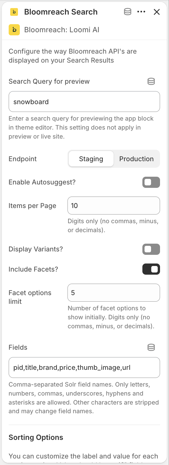Loomi AI Shopify Search settings.