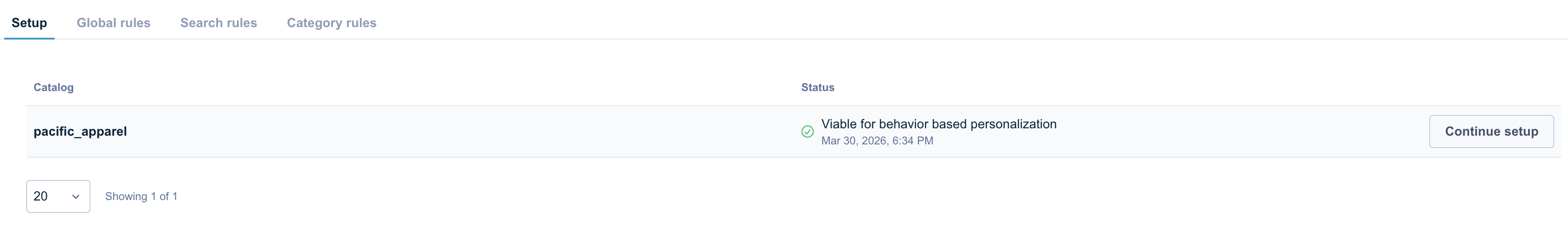 Catalog list showing Viable for personalization status
