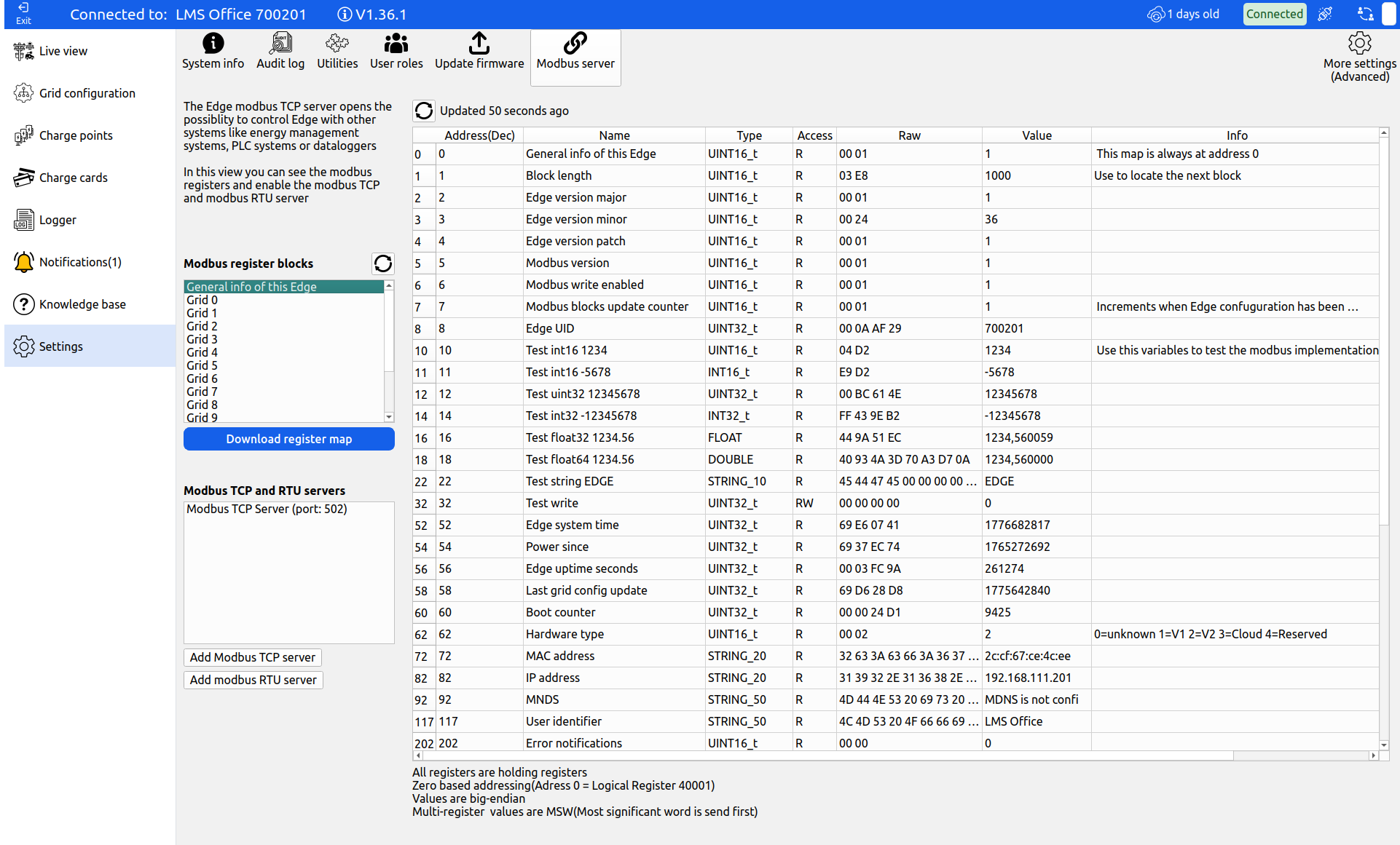 Screenshot of the Edge Modbus register map showing the General map and Grid 0 blocks