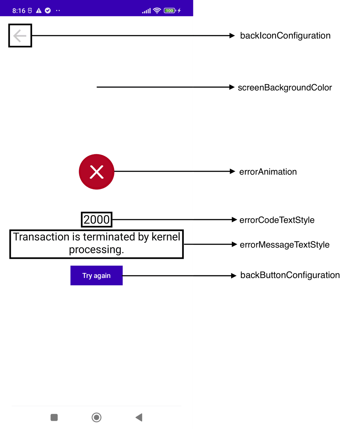 Exemplo da tela de erros do SDK Tap on Phone