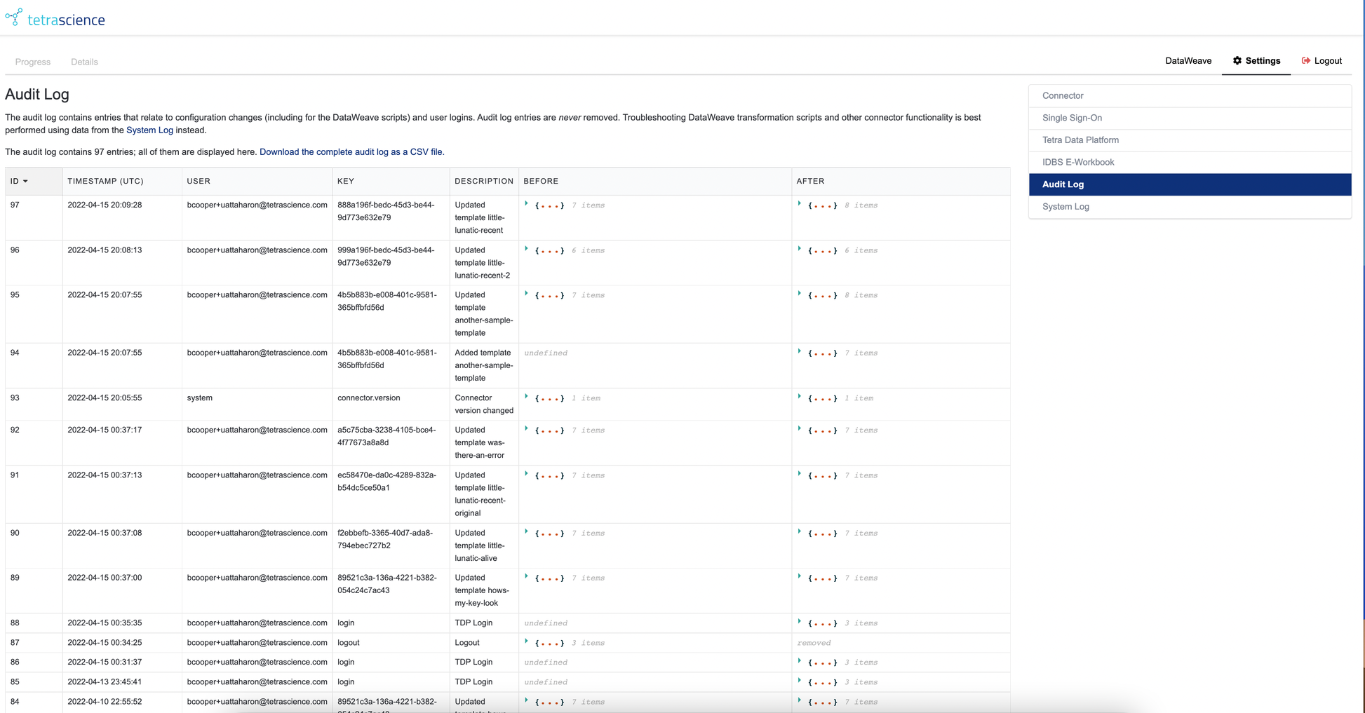 Figure 7. Connector Audit Log Screen