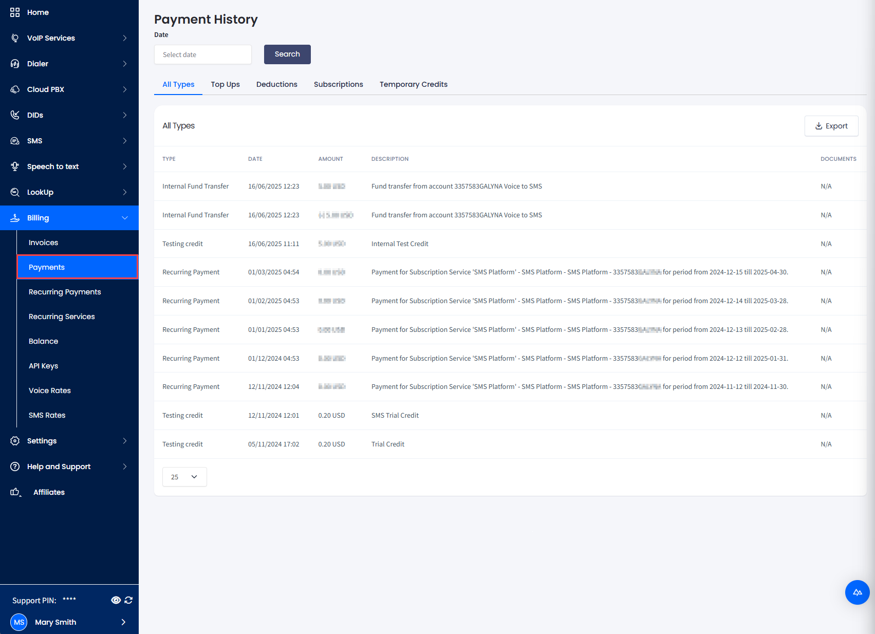 Screenshot of Payments in the main menu
