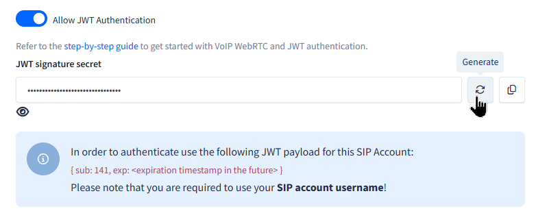 Screenshot of defining JWT signature secret