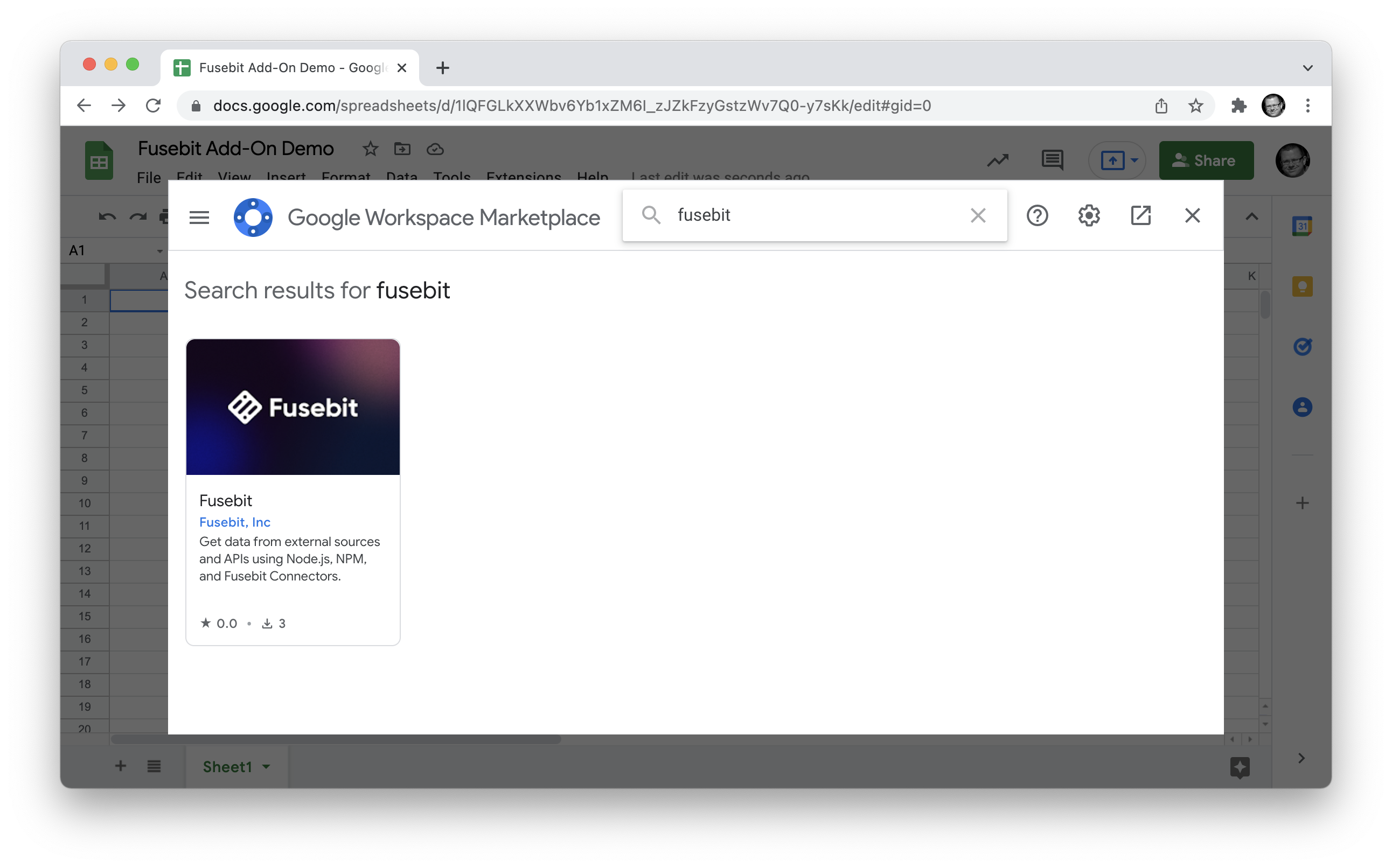 Install Fusebit Add-On for Google Sheets Installing the Fusebit Add-On for Google Sheets from the Google Workspace Marketplace