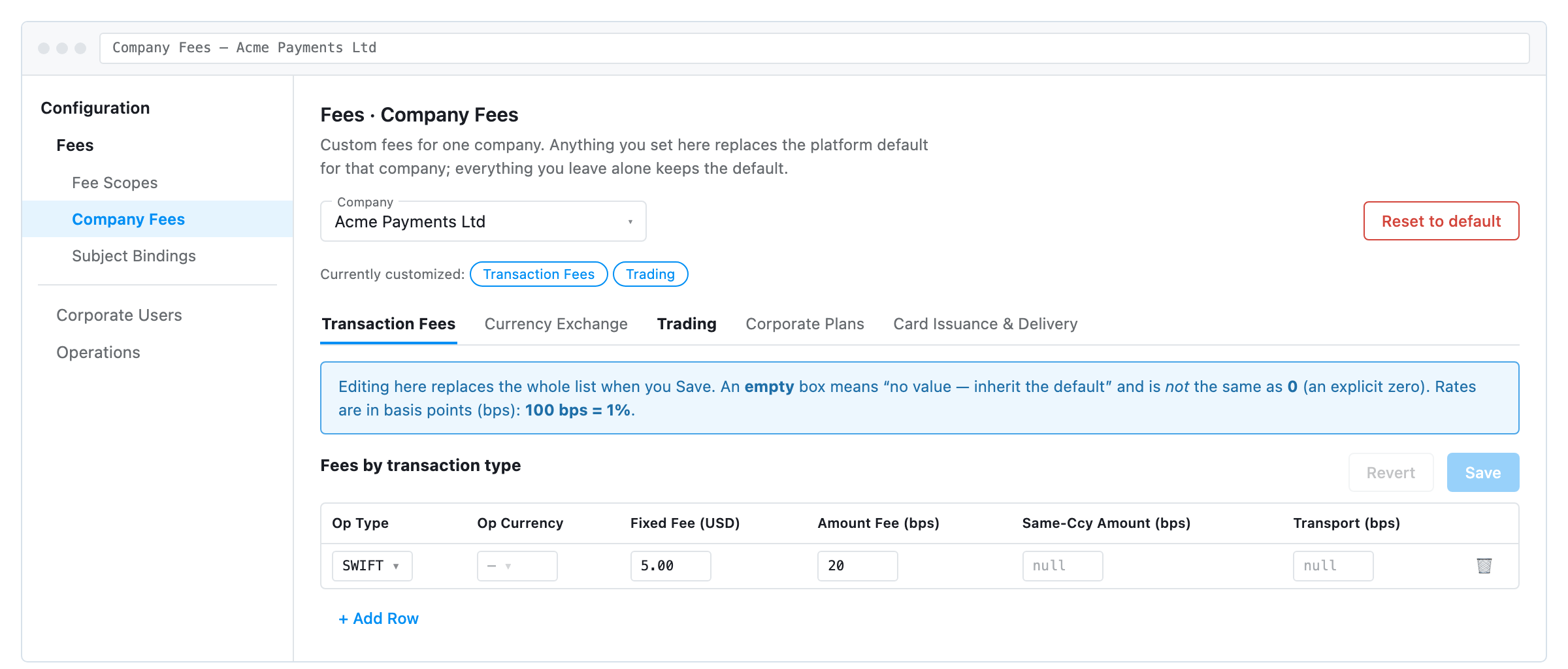 Company Fees, showing which areas are currently customized