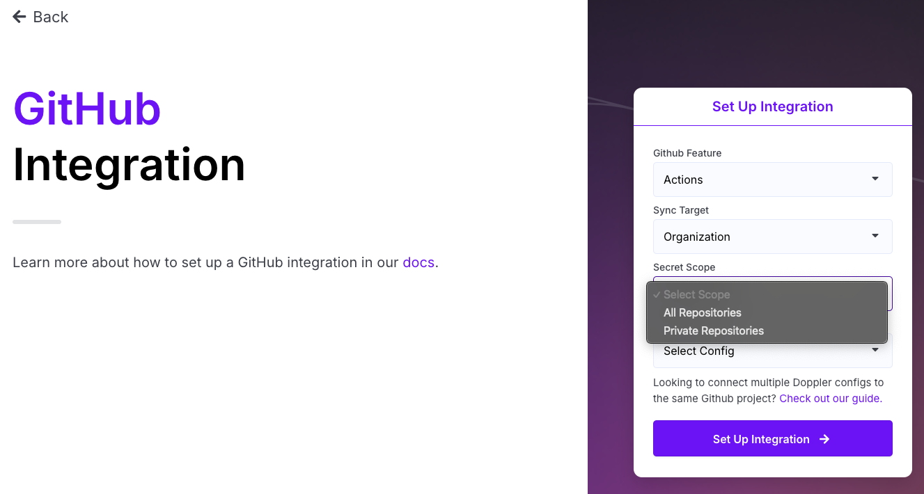 Screenshot of Doppler's set up integration UI for github