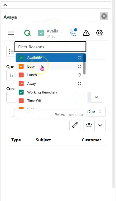Avaya Infinity Agent status menu with Busy selected