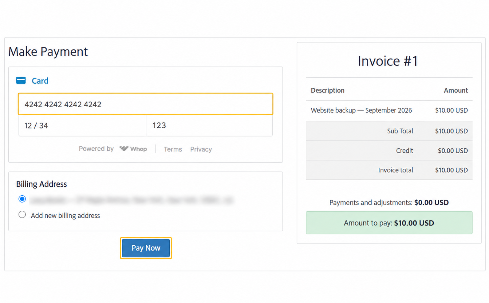 Whop Payments card form