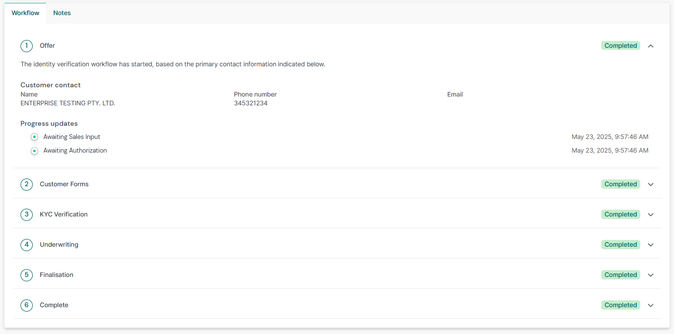 Workflow Tab - Provides view into the Offer's progress through the KYC / KYB workflow.