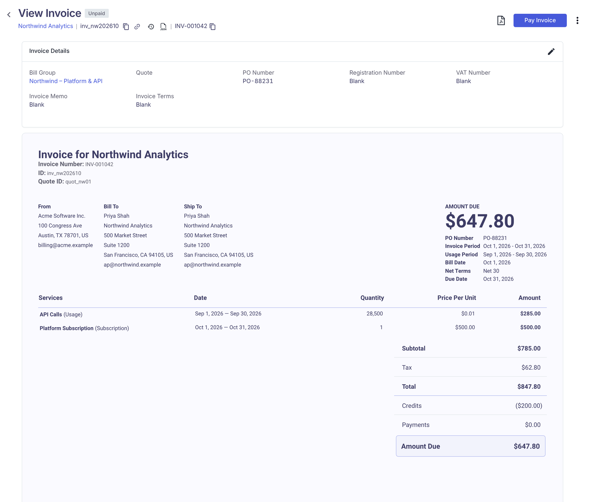 Generated invoice INV-001042 for Northwind Analytics. Lines: API Calls (Usage), Sep 1–Sep 30, 2026, 28,500 × $0.01 = $285.00; Platform Subscription (Subscription), Oct 1–Oct 31, 2026, $500.00. Subtotal $785.00, Tax $62.80, Total $847.80, Credits ($200.00), Payments $0.00, Amount Due $647.80.