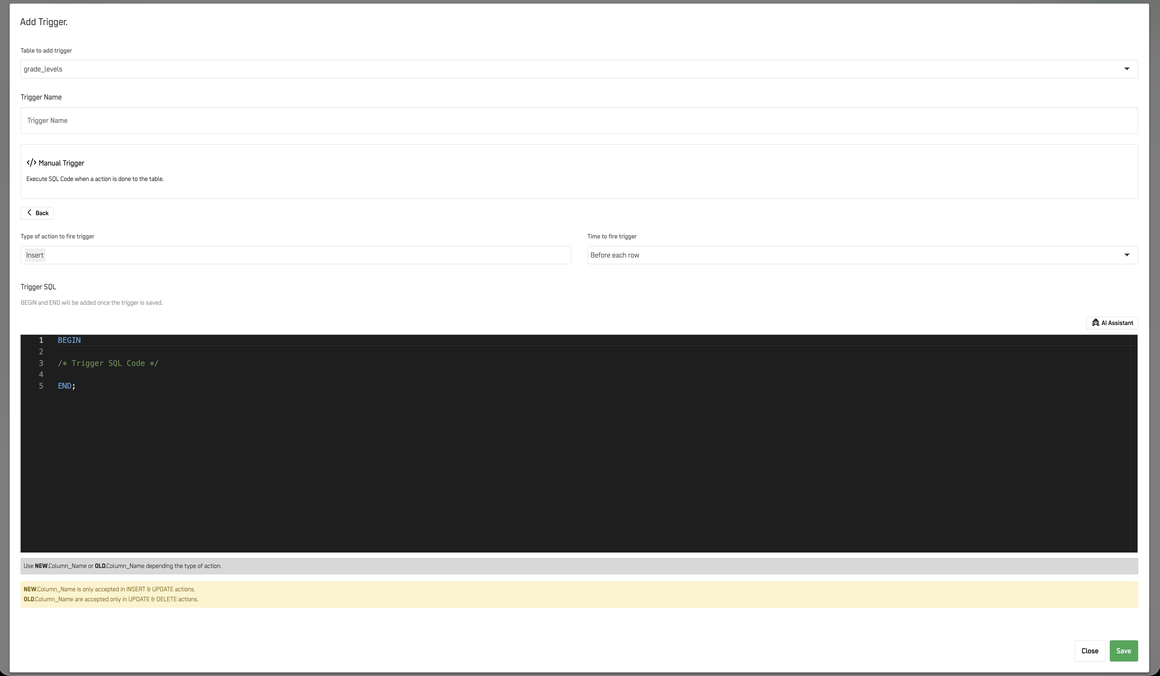 Manual Trigger configuration form