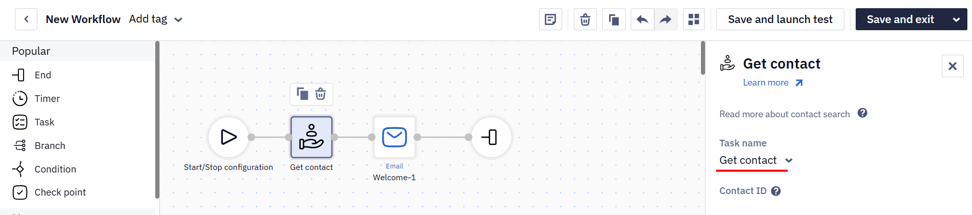 Workflow with Start, Get contact, Email, and End blocks