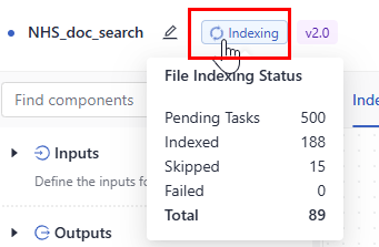 A mouse over the indexing status and a popup window called File Indexing Status with the count of files per each of these statuses: Pending tasks, Indexed, Skipped, Failed, Total