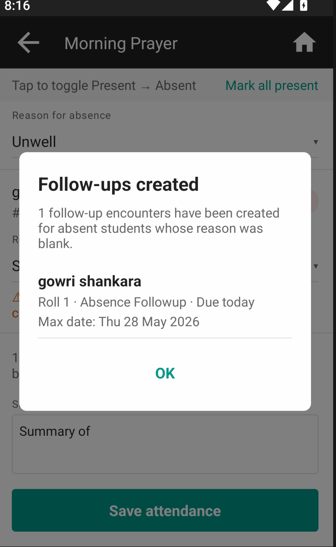 Android post-save Follow-ups created dialog listing the absent student for whom a follow-up encounter was auto-created