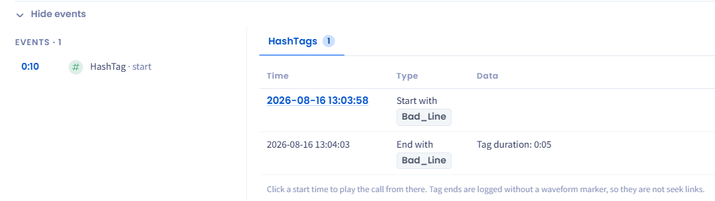 Screenshot of the extended call data with hashtag