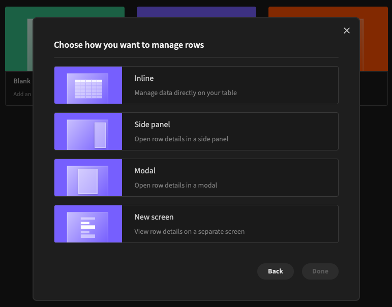 Selecting row-management methods for autogenerated table screens