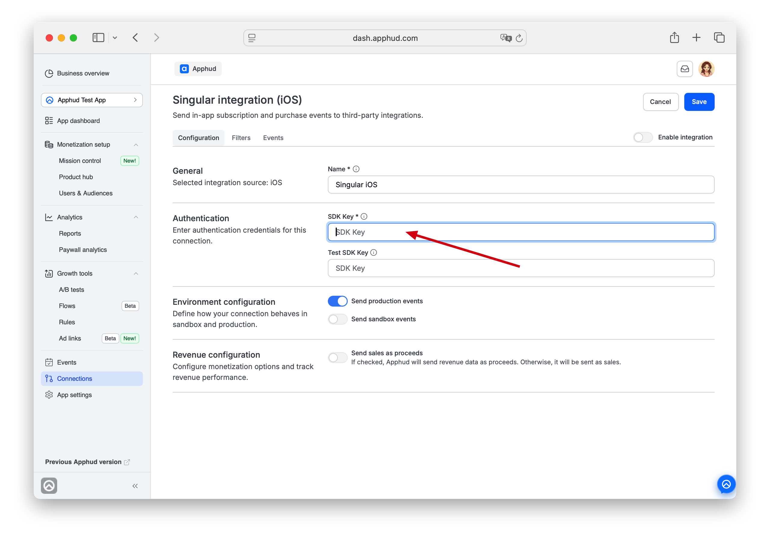 Apphud - Singular SDK key fields