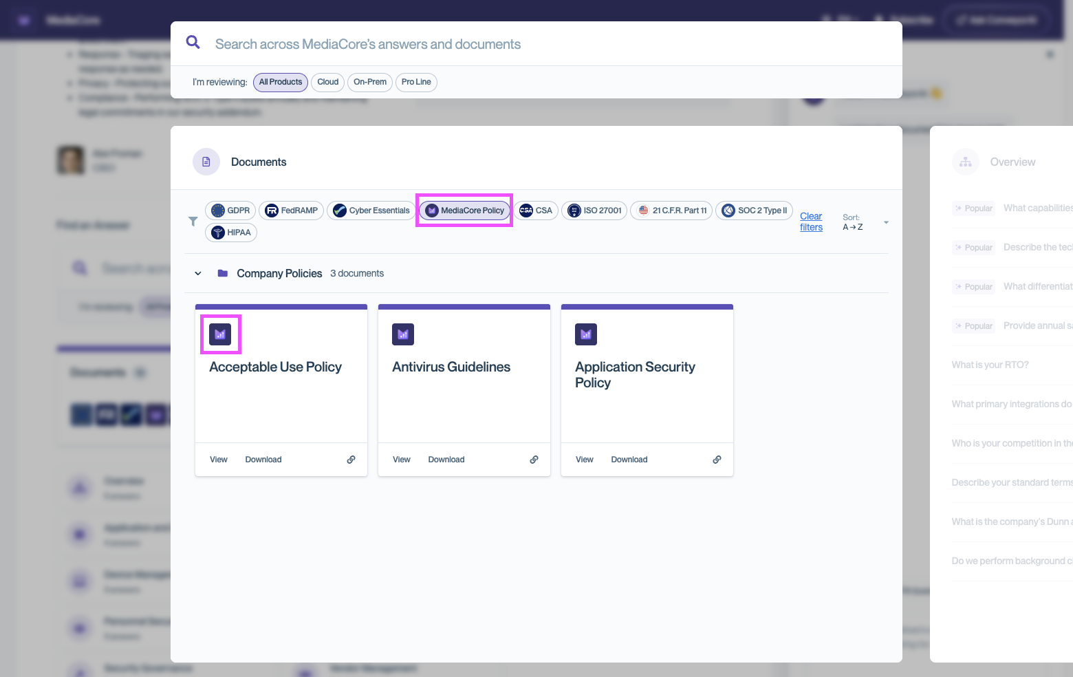 Trust Center Documents view showing badge filter chips at the top, including “MediaCore Policy” selected, and document cards displaying the company logo badge icon on internal policy documents such as “Acceptable Use Policy.”