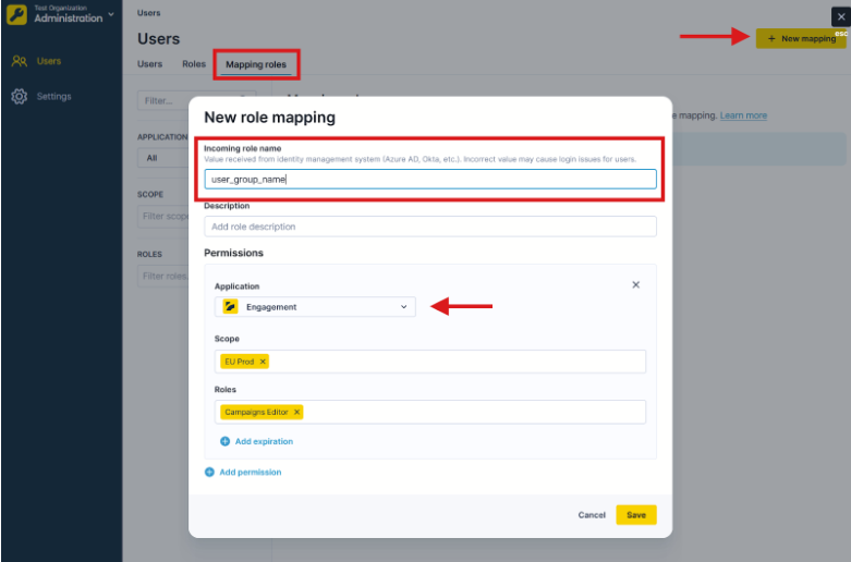 Bloomreach New role mapping dialog showing incoming role name field and Engagement application selected.