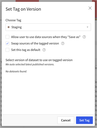 Set Tag on Version modal with Swap sources of tagged version checked