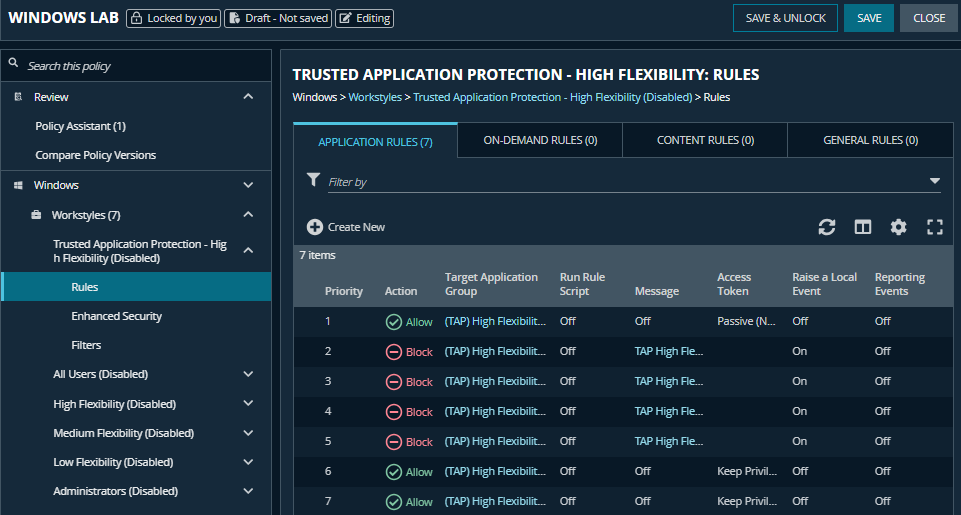 TAP workstyle showing the blocked applications