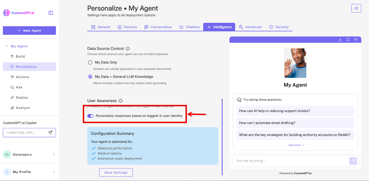 Screenshot: Personalize responses based on logged-in user identity toggle