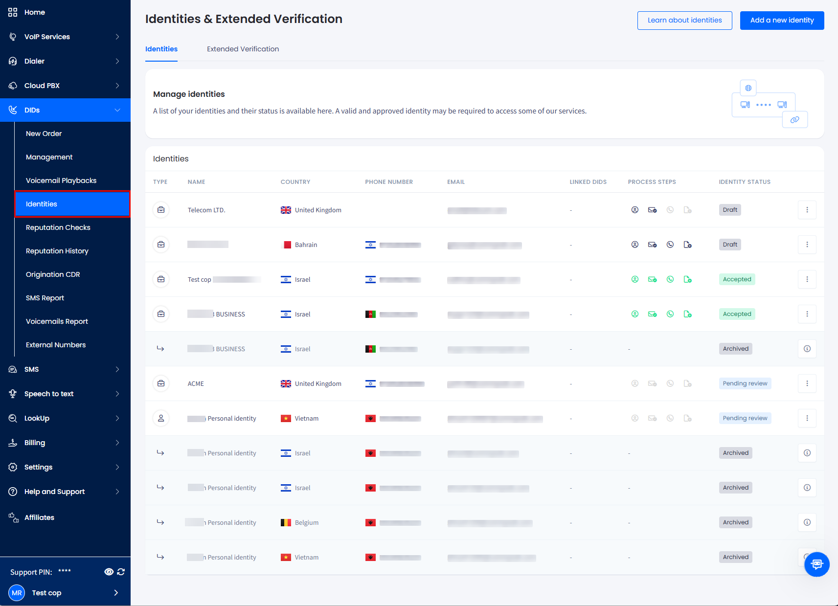 Screnshot of the Manage Identities page