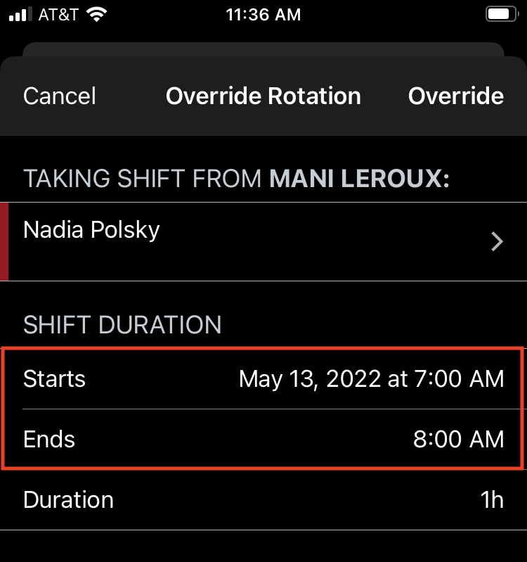 A screenshot of the PagerDuty mobile app showing an override's start and end times