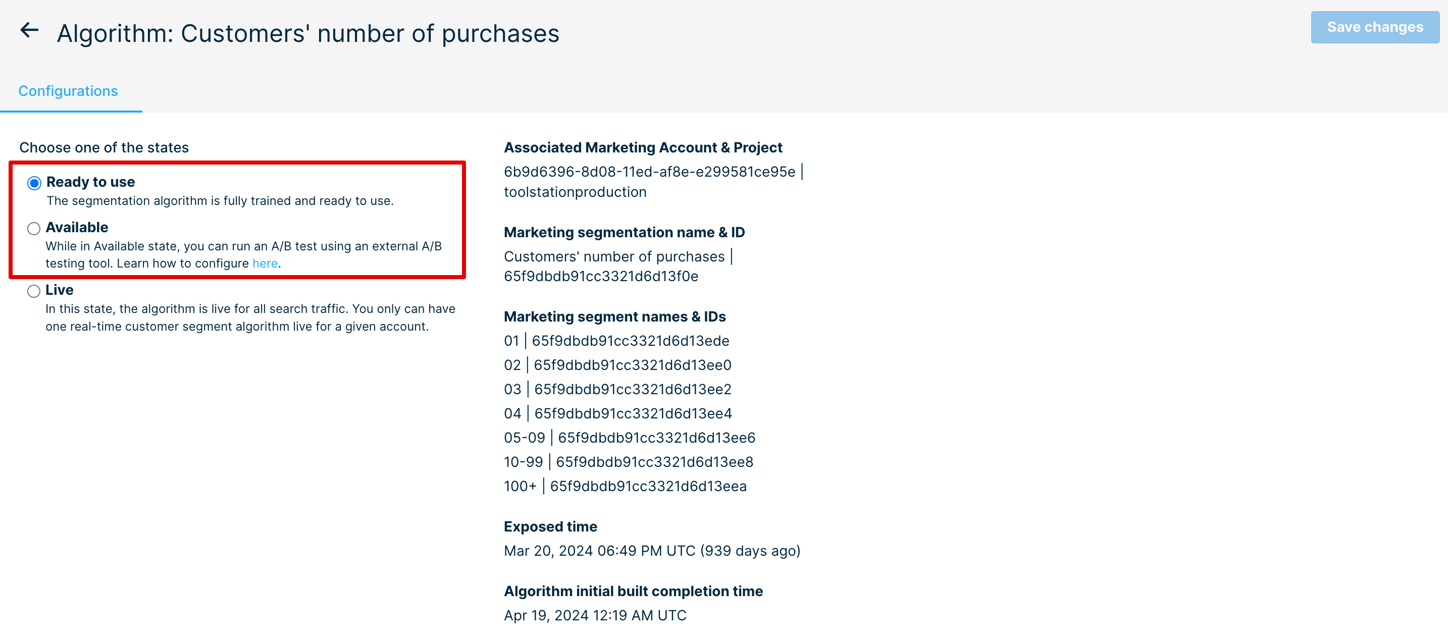 Configuration screen showing Algorithm states