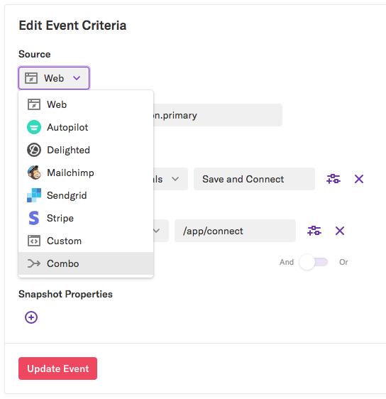 The 'Edit Event Criteria' page with a combo event selected in the Source drop-down