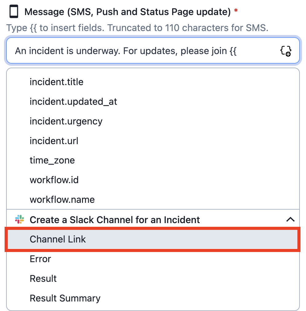 Action-specific field reference for Slack channel link